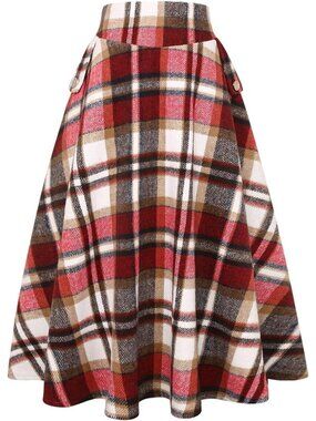 Women Plaid Wine Red Fall Winter High Waisted Wool Plaid A-line Long Maxi Skirt